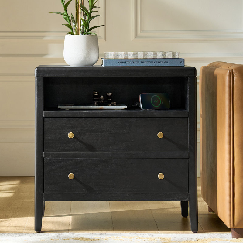 Shera Modern 2-Drawer 28"W Solid Wood End Table with Built-in Power Outlet and USB Port, Charcoal
