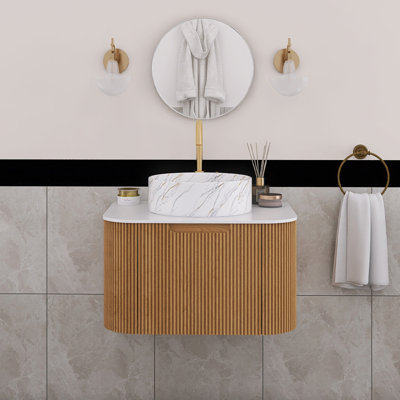 24 po Meuble-lavabo mural simple flottant en bois naturel avec plateau en marbre artificiel