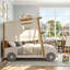 Lit plateforme en forme de voiture en bois massif naturel avec coussin, support de plafond et pied de lit-664705831