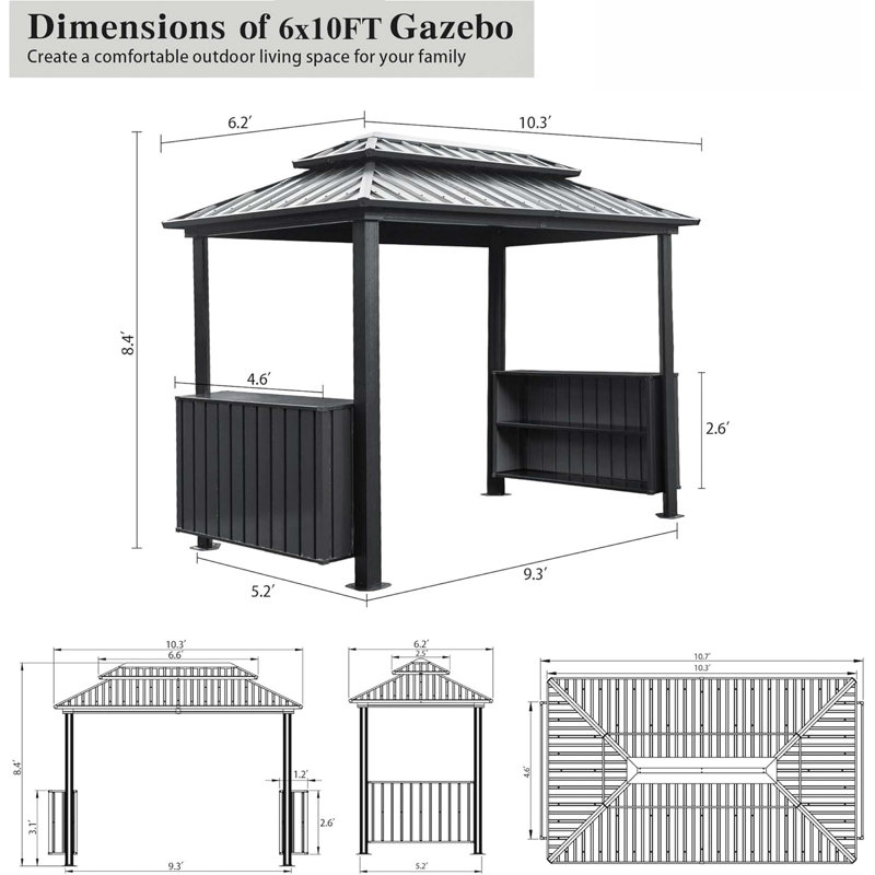 Pavillon de jardin à toit rigide 6X10ft, Gris