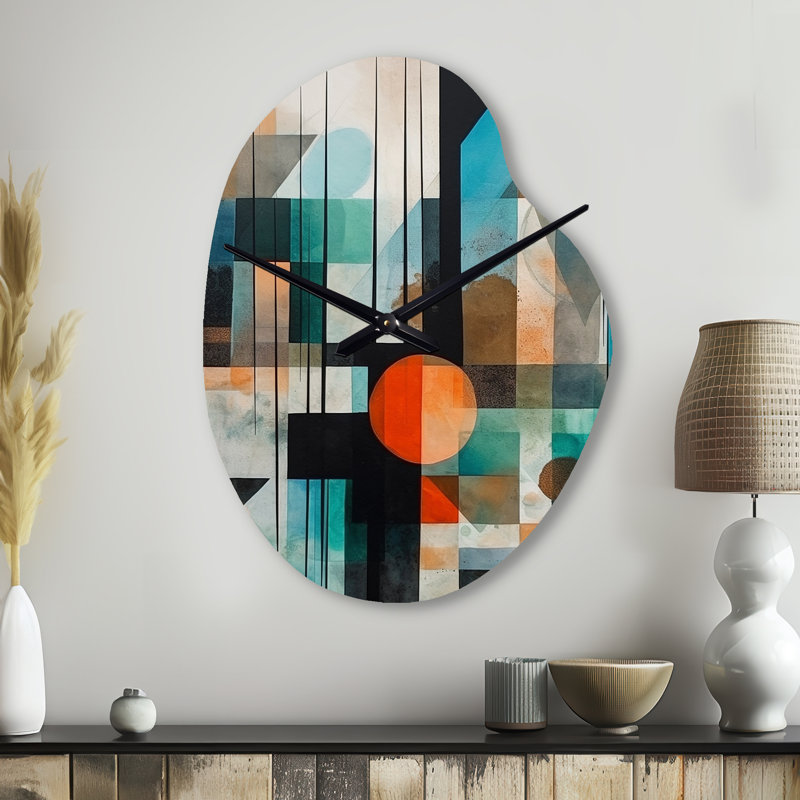 «Orange Abstracted Geometric Explorations I», horloge murale géométrique de forme irrégulière, horloge murale asymétrique moderne