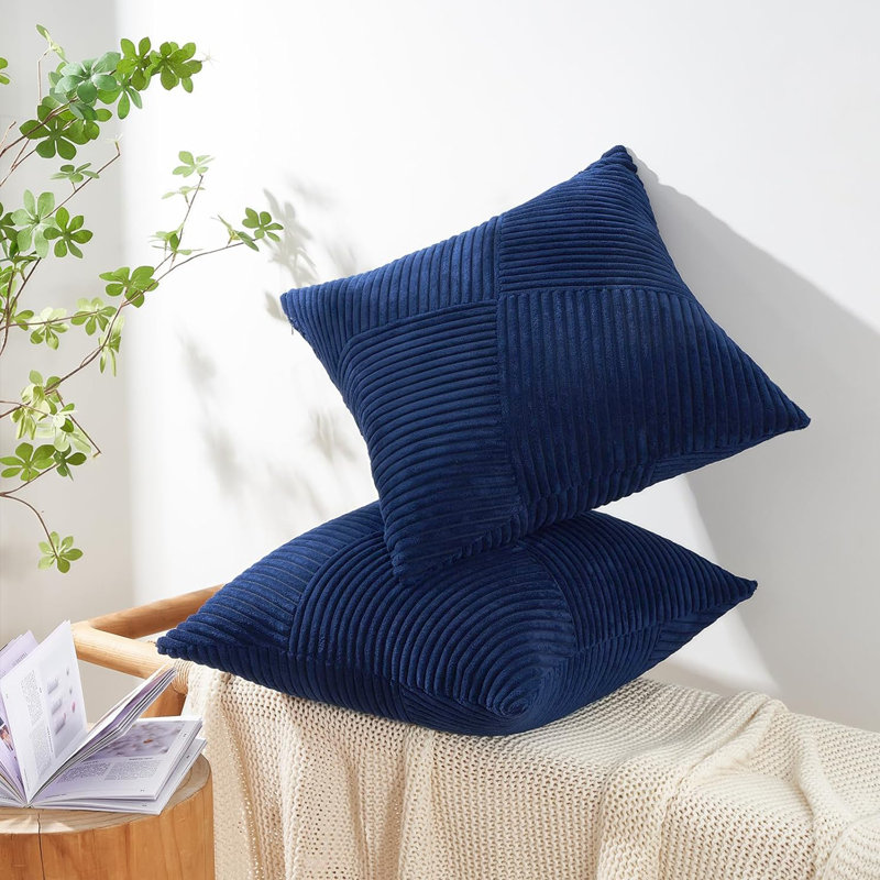 Housse de coussin en velours côtelé, housse de coussin en velours côtelé décoratif, ensemble de 2, Bleu, Carré 22 po