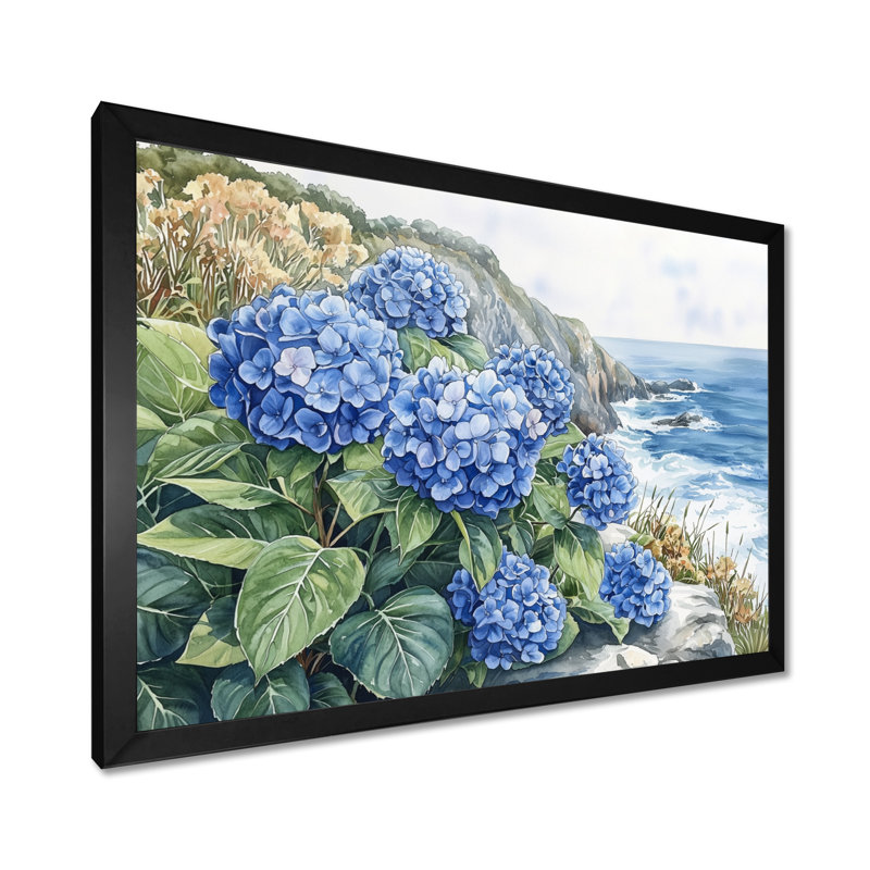 «Hydrangeas By The Seaside Cliff II - Hydrangea», reproduction sur toile, Reproduction encadrée d'une seule photo