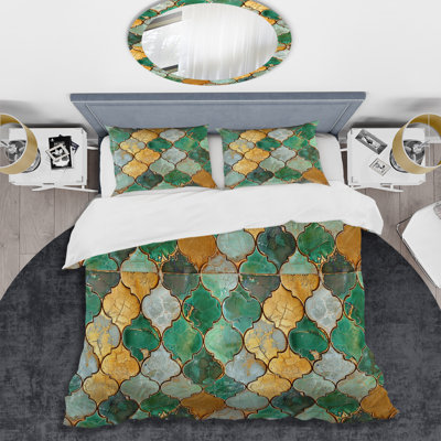 Ensemble de housse de couette à carreaux vert or et mosaïque dorée