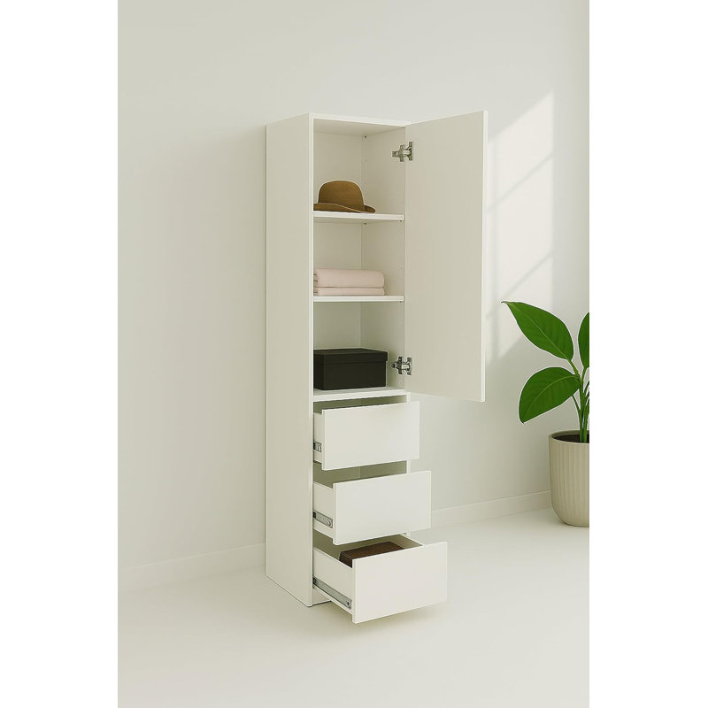 Home Imports Emporium Modular Closet Tower Bedroom Laundry Pantry Vertical Storage Wood Material Adjustable Shelving System Mirror Front White Finish