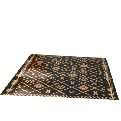 Tapis d'extérieur, motif losange noir et brun, matériau en fausse paille 9 x 18