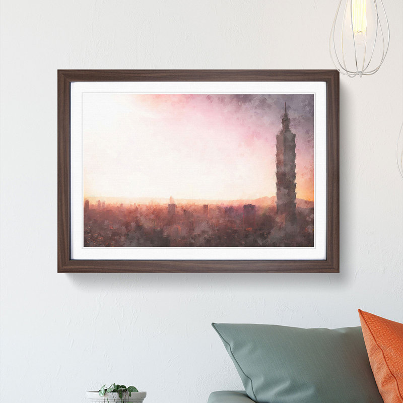 Sunset over Taipei City in Taiwan - Picture Frame Painting Print, Walnut Framed, 62cm H x 87cm W x 2cm D