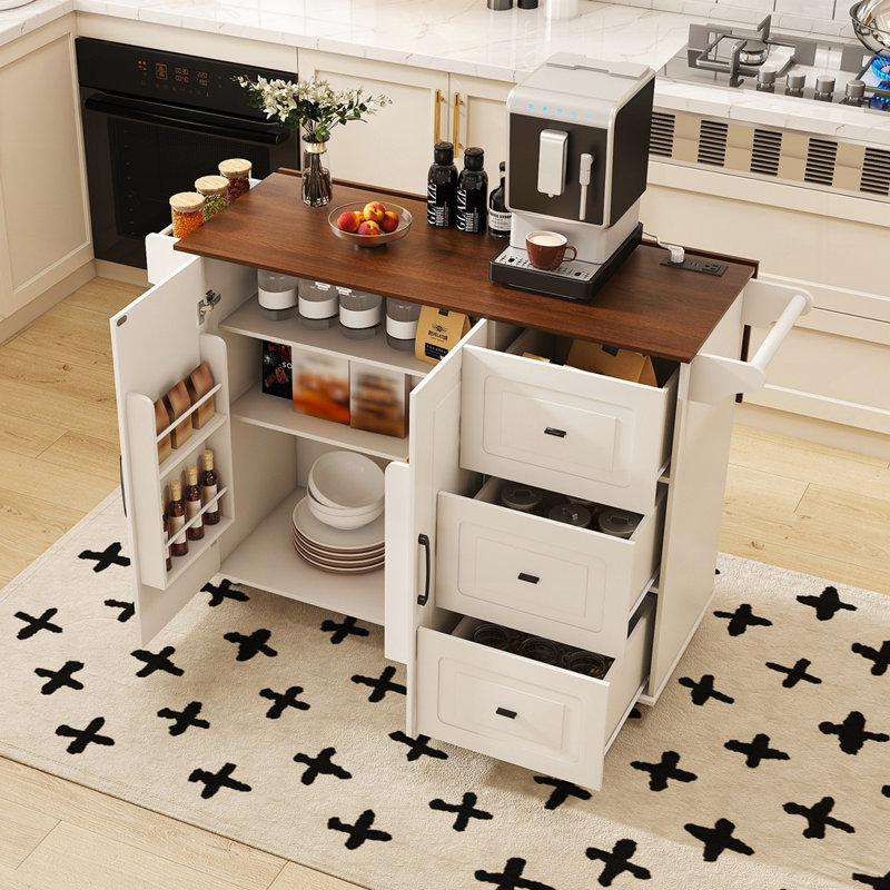 Chariot pour îlot de cuisine polyvalent avec plateau de table pliable, abattant et rangement mobile pour une utilisation efficace de l'espace