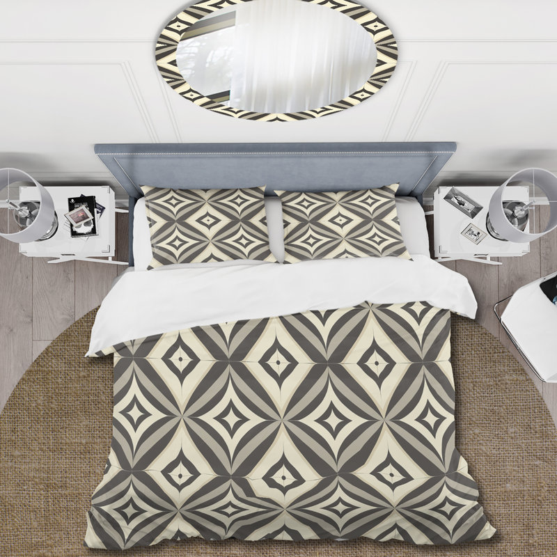 Ensemble de housse de couette beige rétro noir Mid-Century Rhombus, Housse de couette très grand + 2 taies décorativ
