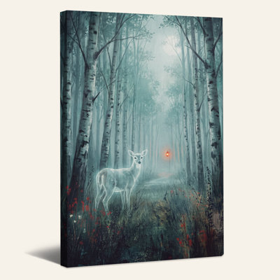 Art mural sur toile brillant, cerf blanc dans la forêt brumeuse avec lanterne