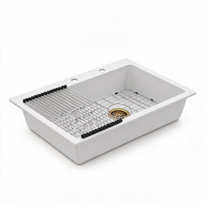 Évier de cuisine encastré en composite de quartz blanc de 84 cm x 56 cm x 25 cm avec bonde arrière
