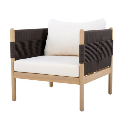 Fauteuil club d'extérieur en bois d'acacia avec tissage de corde de diamant et coussins