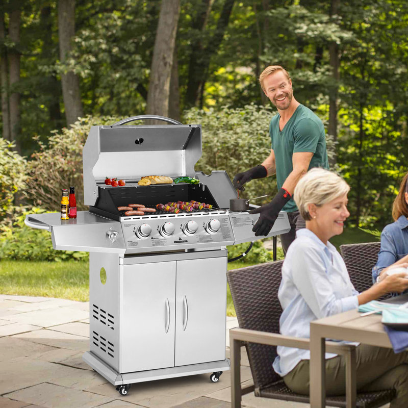 Barbecue portatif au propane en acier inoxydable avec brûleur latéral à 4 brûleurs et roues