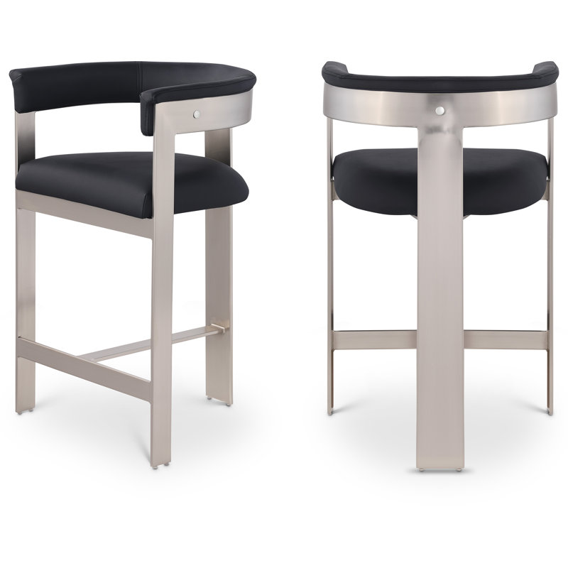Romeo Hermi Vegan Leather Counter Stool, Black Vegan Leather, Brushed Chrome