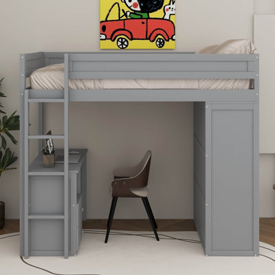 Wood Loft Bed With Wardrobes, 2-Drawer Desk And Cabinet