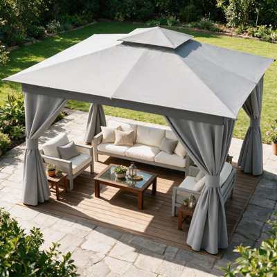 8 Ft. W x 8 Ft. D Steel Patio Gazebo with Double Roof Soft Canopy, Curtains and Mosquito Netting