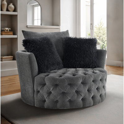 Transitional Style Button Tufted Swivel Round Chair With Barrel Arms And Scattered Back Pillow For Comfortable Living