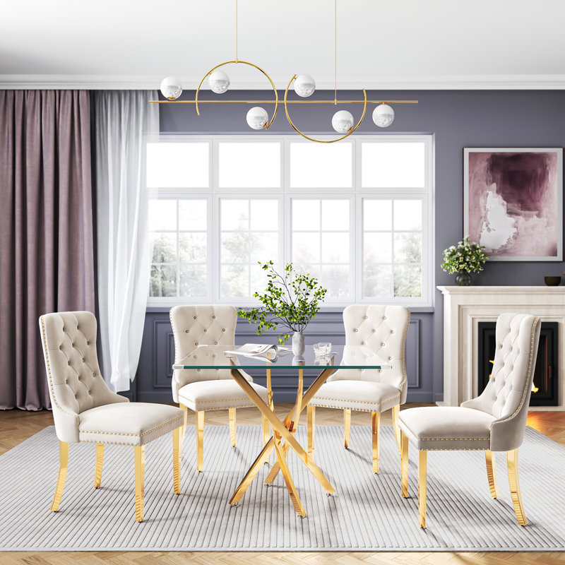Dining Set, 5 Pieces: Table, 4 Chairs, White/Gold, Gold