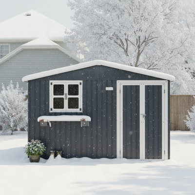 Remise de rangement extérieure en métal 10 x 8 pi avec fenêtre et support à fleurs, remise à outils verrouillable à deux portes, remise de jardin imperméable et imperméable pour patio, gris charbon