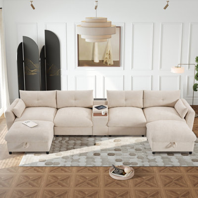 Modular Sectional Sofa With Movable Storage Ottoman And Console,Cup Holder,Wide Seat,6 Seat U Shaped Couch,Oversized Chenille Sofa With USB Charger Fo by Hokku Designs