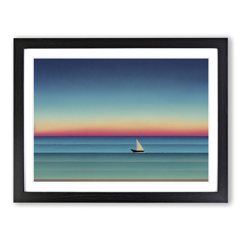 Boat On A Striped Ocean - Single Picture Frame Print, 46cm H x 64cm W x 2cm D, Black Framed