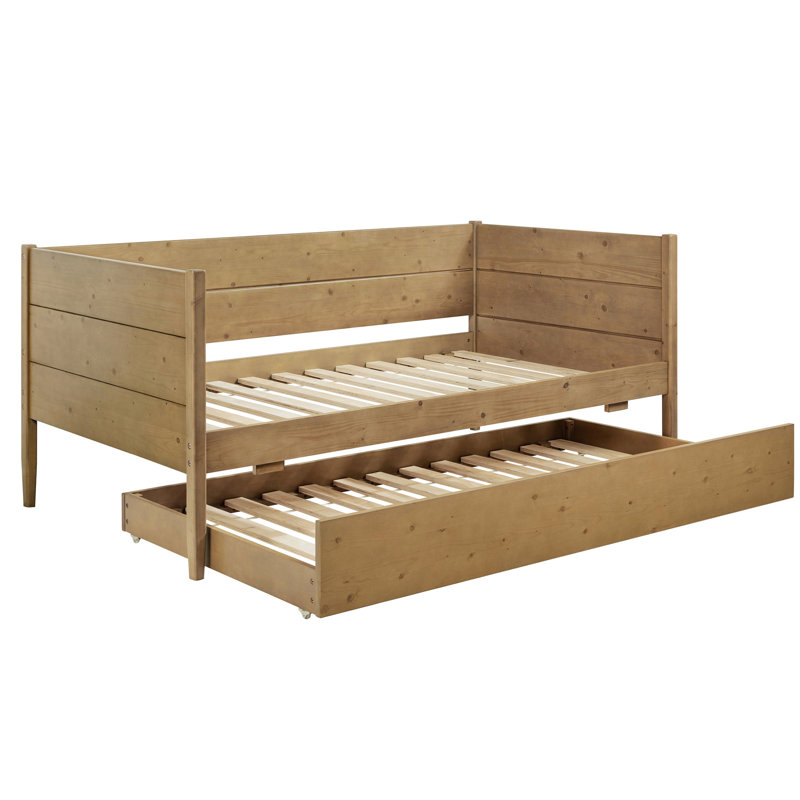 Natural Twin Daybed With Trundle, Space Trundle Four Wheels, Pine Wood And Engineered Wood, Slats For Ventilation, Transitional Panel