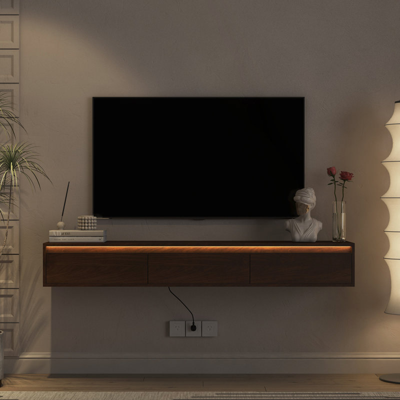 Sleek Wall-Mounted Floating TV Stand With 16-Color LED Lights And Ample Storage, Wood, 9.05"H x 64.96"L x 11.81"W