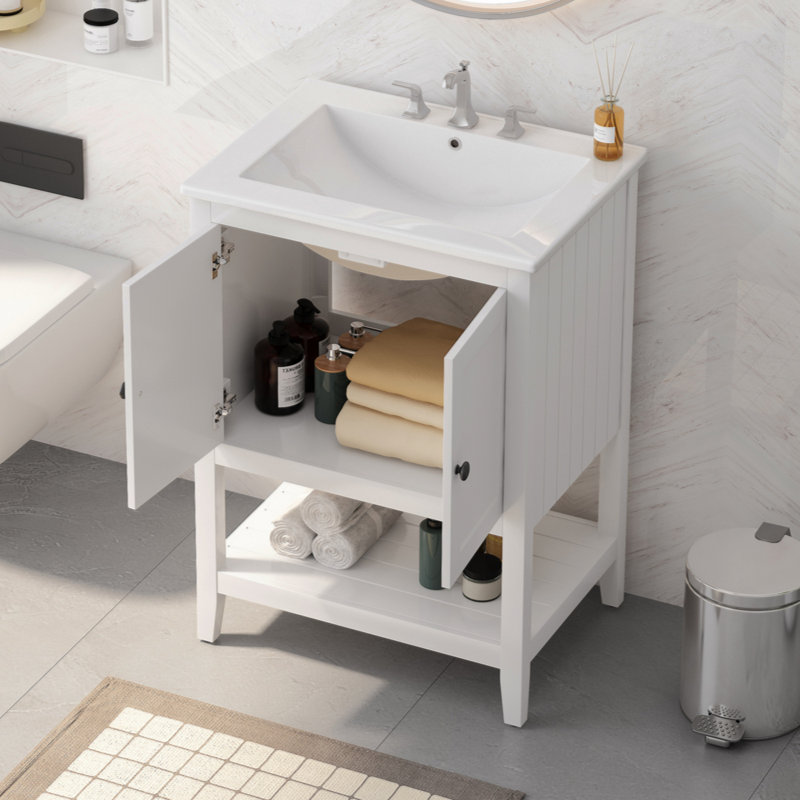Lavabo de salle de bain élégant en céramique 24 po avec tablette ouverte en bois massif
