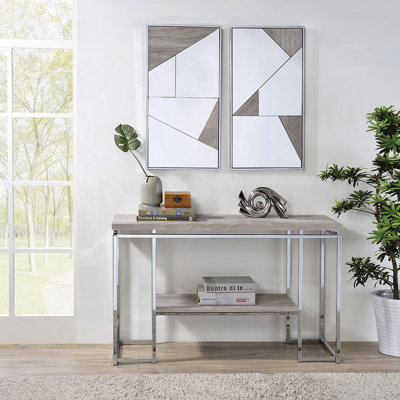 Contemporary Sofa Table Natural Oak Living Room Furniture 1Pc Chrome Finish Frame Console Table