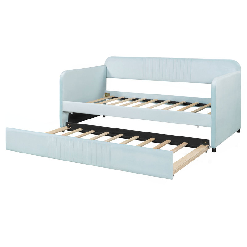 Upholstered Daybed Sofa Bed Twin Size With Trundle Bed And Wood Slat, Sky