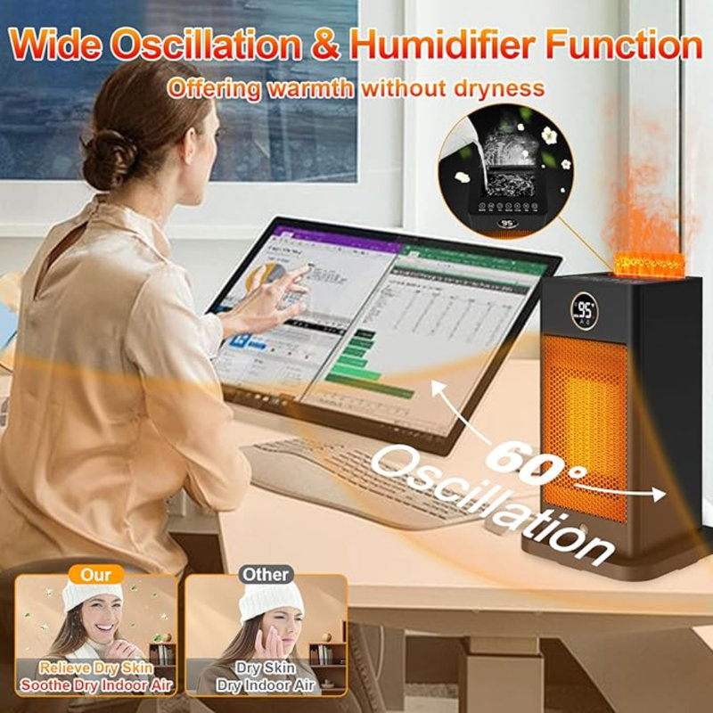 3-In-1 Space Heater- Humidifier/Sensor/ECO,Electric Heater With 90°Oscillating/Thermostat/12H Timer/Dual Control,Space Heater Indoor With 3D Flame Ambiance/Heater Heat Up 260 Sq.Ft(Obsidian Black)1