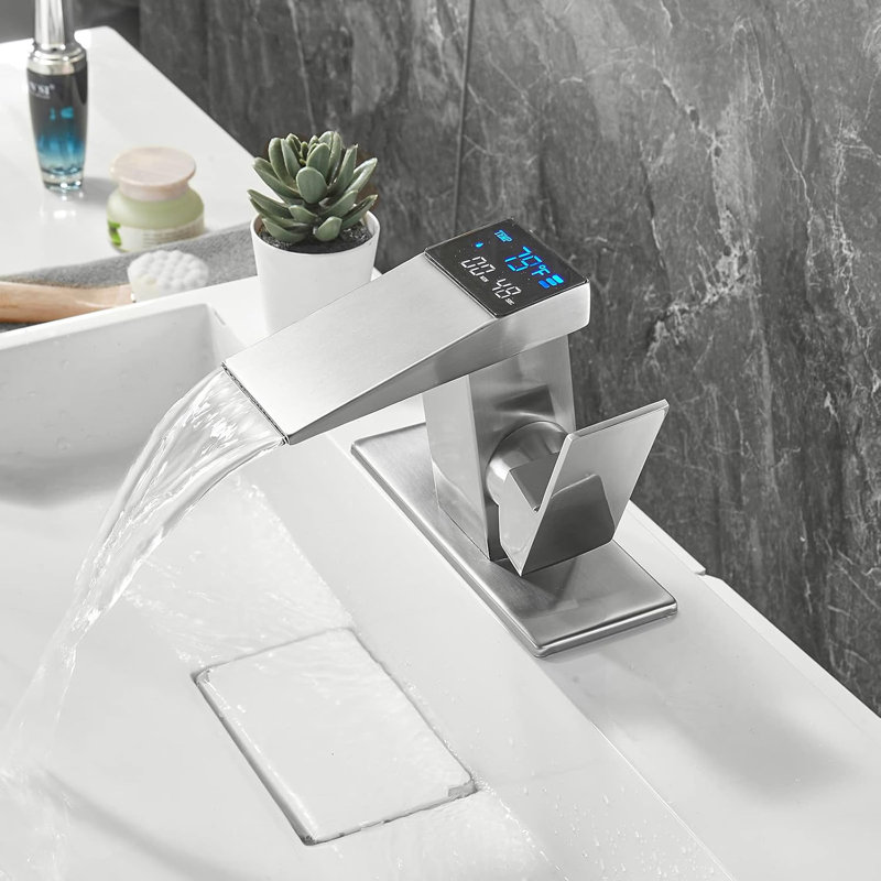 LED Light Bathroom Faucet One Hole Waterfall Temperature Display Hydraulic Power Single Handle Faucet, Waterfall Faucet for Bathroom Sink Mount