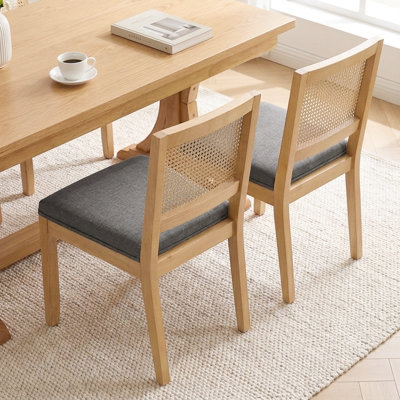 Chaises de cuisine en lin rembourrées à dossier en rotin - Ensemble de chaises de salle à manger de style Mid-Century moderne avec structure en bois franc naturel