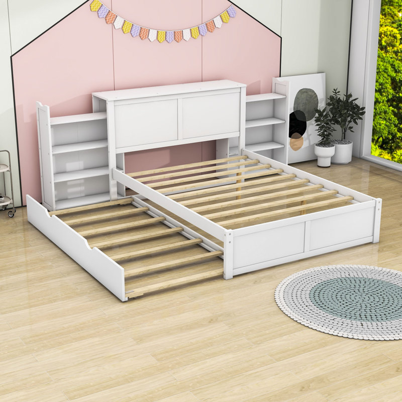 Blome Wooden Platform Bed with Pull Out Shelves and Trundle, Full