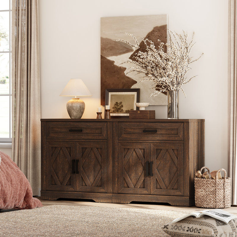 Grande armoire de style campagnard moderne de 63 po avec portes de grange et tiroirs Glenford , Noyer