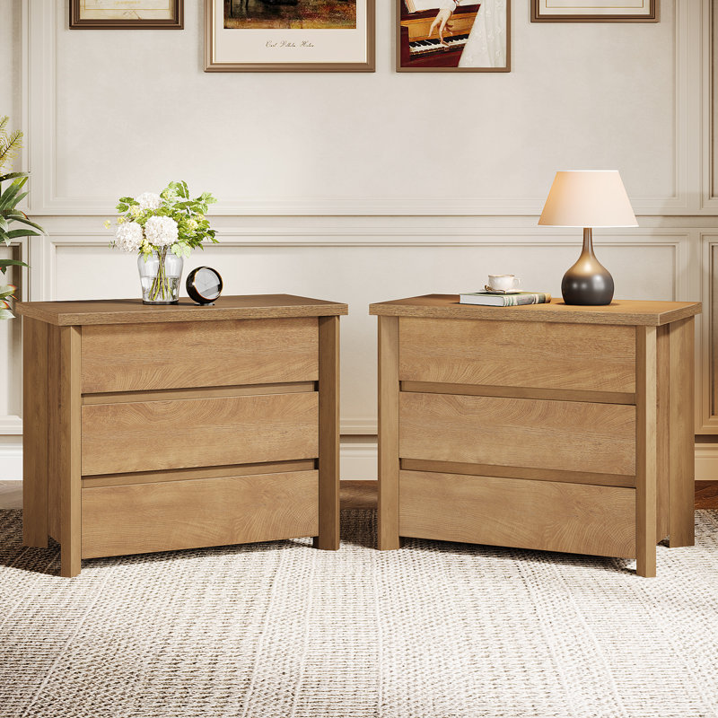 Table de chevet surdimensionnée avec 3 tiroirs, Ensemble de 2, Brun