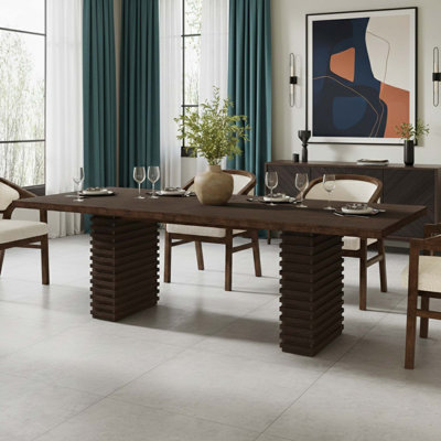 Rylan Modern Wood Dining Table With Ribbed Double Pedestal Base