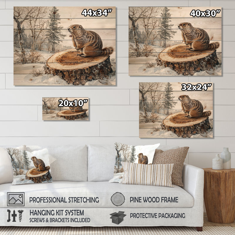 Forêt, marmotte, paysage d'hiver I - Animal de marmotte, art mural sur bois de pin naturel, H 10 po x l 20 po