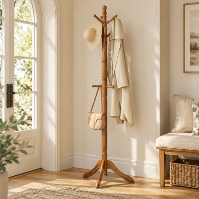 Portemanteau autoportant avec 9 crochets, portemanteau en bois massif, brun caramel