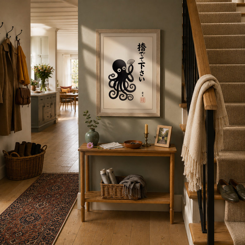 Octopus with Japanese Text Japandi - Framed Print, A3 - 42.0 x 29.7 cm, Oak