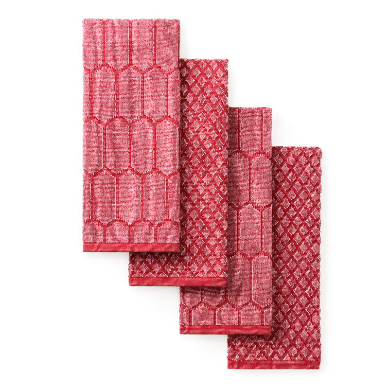 MARTHA STEWART Honeycomb Chambray Textured Kitchen Towel 4-Pack Set Natural 16"x28", Red