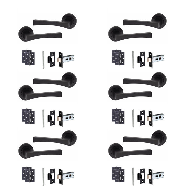 6 Pairs Wave Design Door Handles Latch on Round Rose in Matt Black Finish - 52mm Diameter, Latch