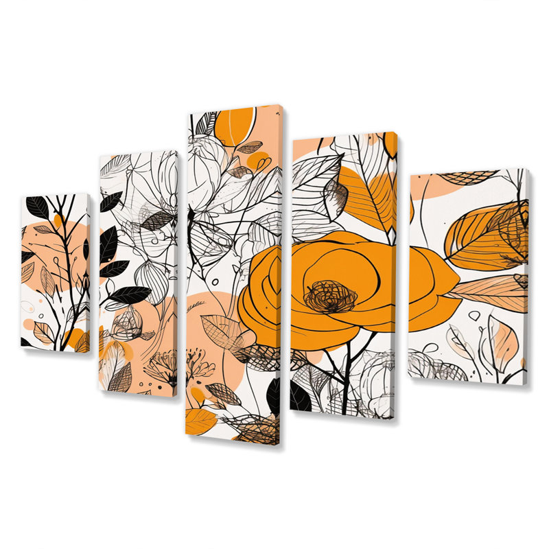 «Retro Terracotta Roses Illustration I - Abstract Botanicals», reproduction sur toile - 5 panneaux