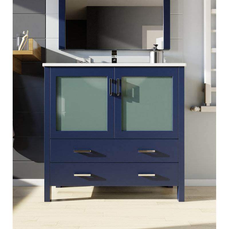 Meuble-lavabo bleu marine 36 po X P 18,25 po D, dessus en céramique blanche et ensemble de robinet, Marine, 36"