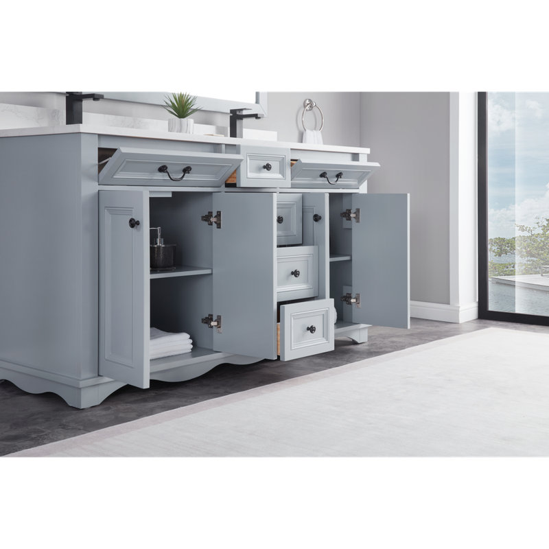 Meuble-lavabo double 60 po en bois massif avec plateau en pierre reconstituée 1 po, Cadet
