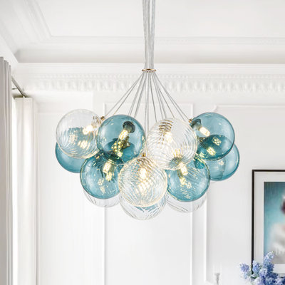 16 - Light Blue Ribbed Glass Cluster Bubble Chandelier