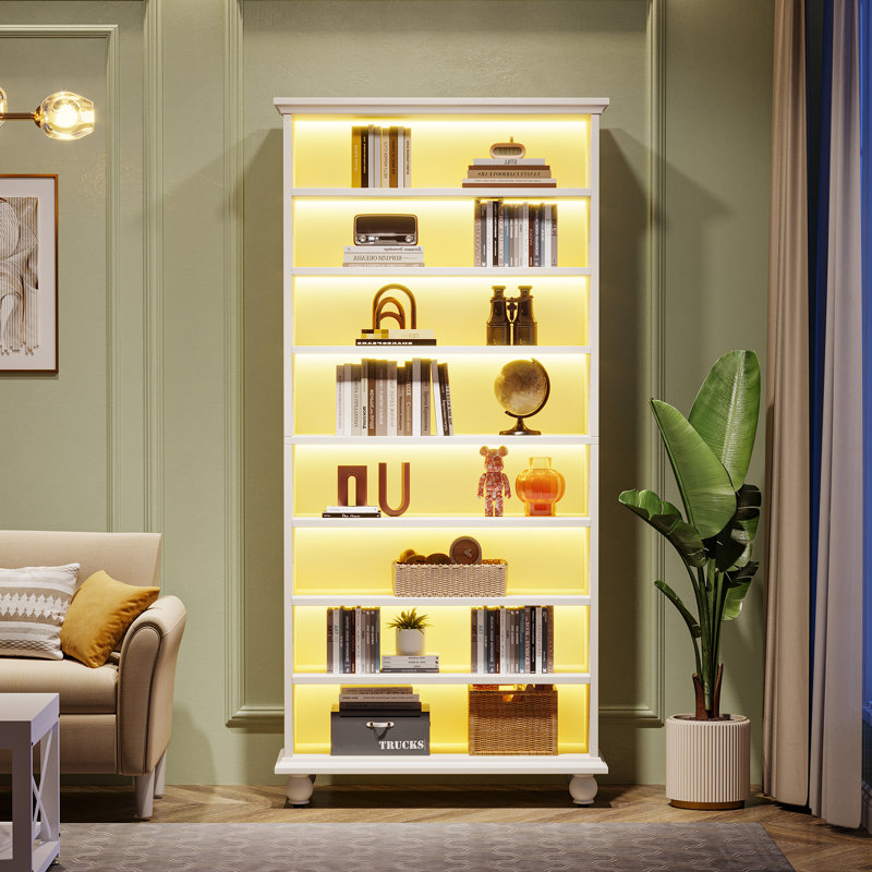 Orthman 68.9" H x 28.35" W Open Bookcase Bookshelf with Adjustable Shelf and Multicolor LED Lights, White