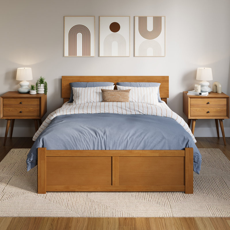 Daurice Solid Wood Platform Bed with Footboard & Full Roll Out Trundle, Light Toffee