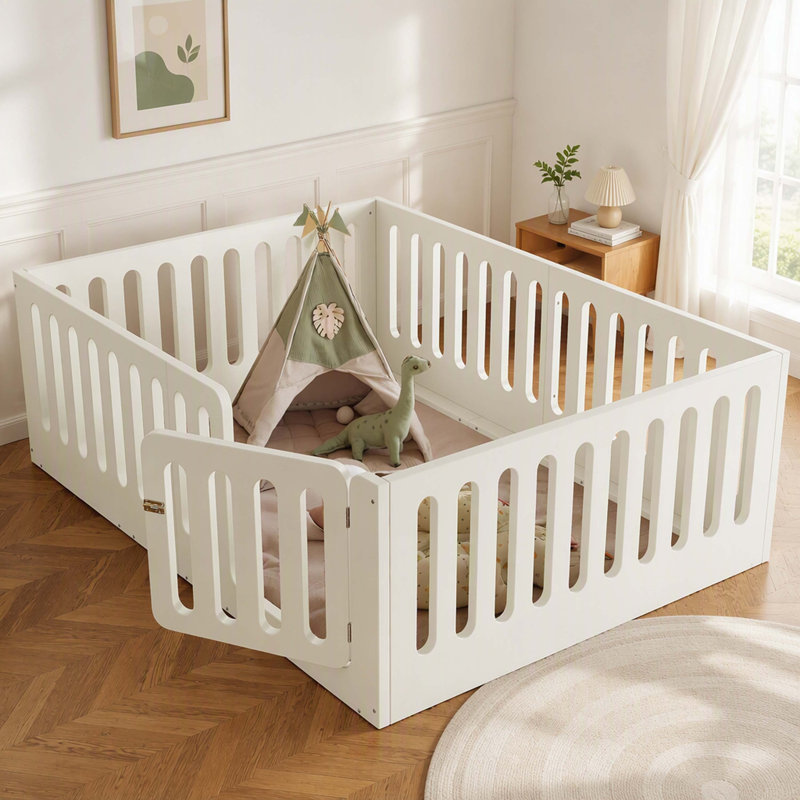 Lit Montessori au sol en bois massif pour enfants, cadre de lit bas avec barrière de sécurité haute et porte intégrée, sans sommier, beige