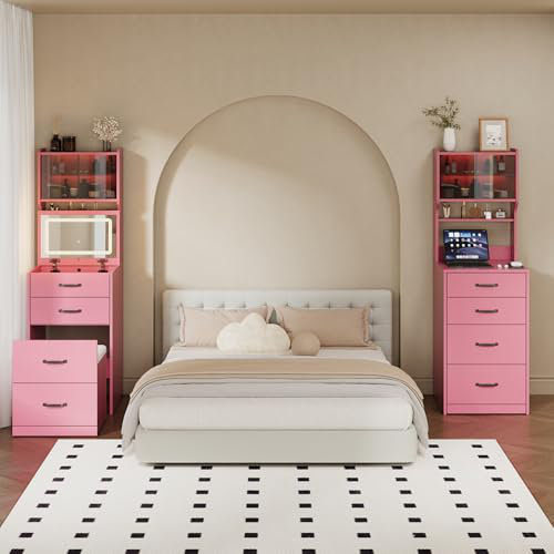 3 in 1 Vanity Desk with Light and Chair, Compact Makeup Vanity Set 3 Color Mode LED with 2 AC Outlets & USB, Pink